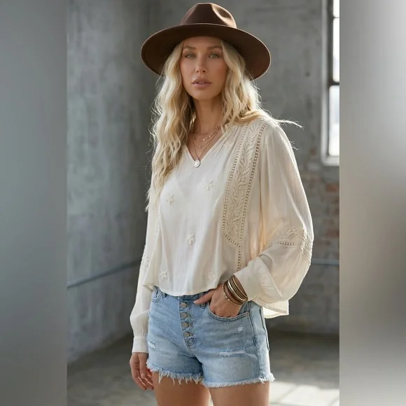 NWT POL Boho Festival Balloon Sleeve Crinkle Woven Peasant Blouse Top Shirt - Picture 2 of 11